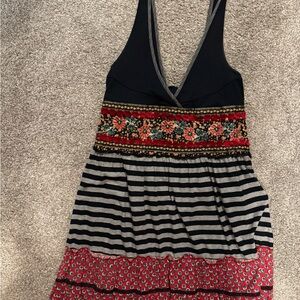 Free People Strapless Black Bodice Floral-Trim Striped Dress
